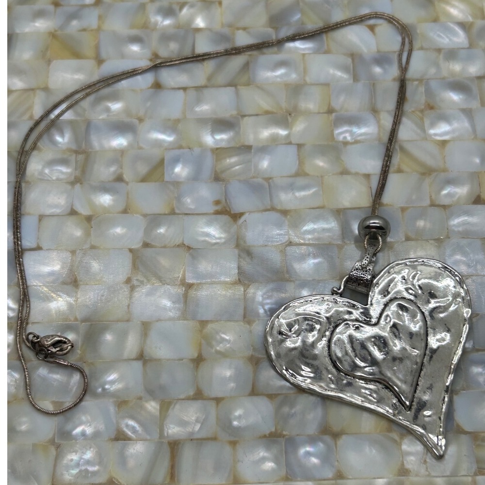 Silver Hammered Double Heart Pendant Necklace‎ Large Love Statement Snake Chain